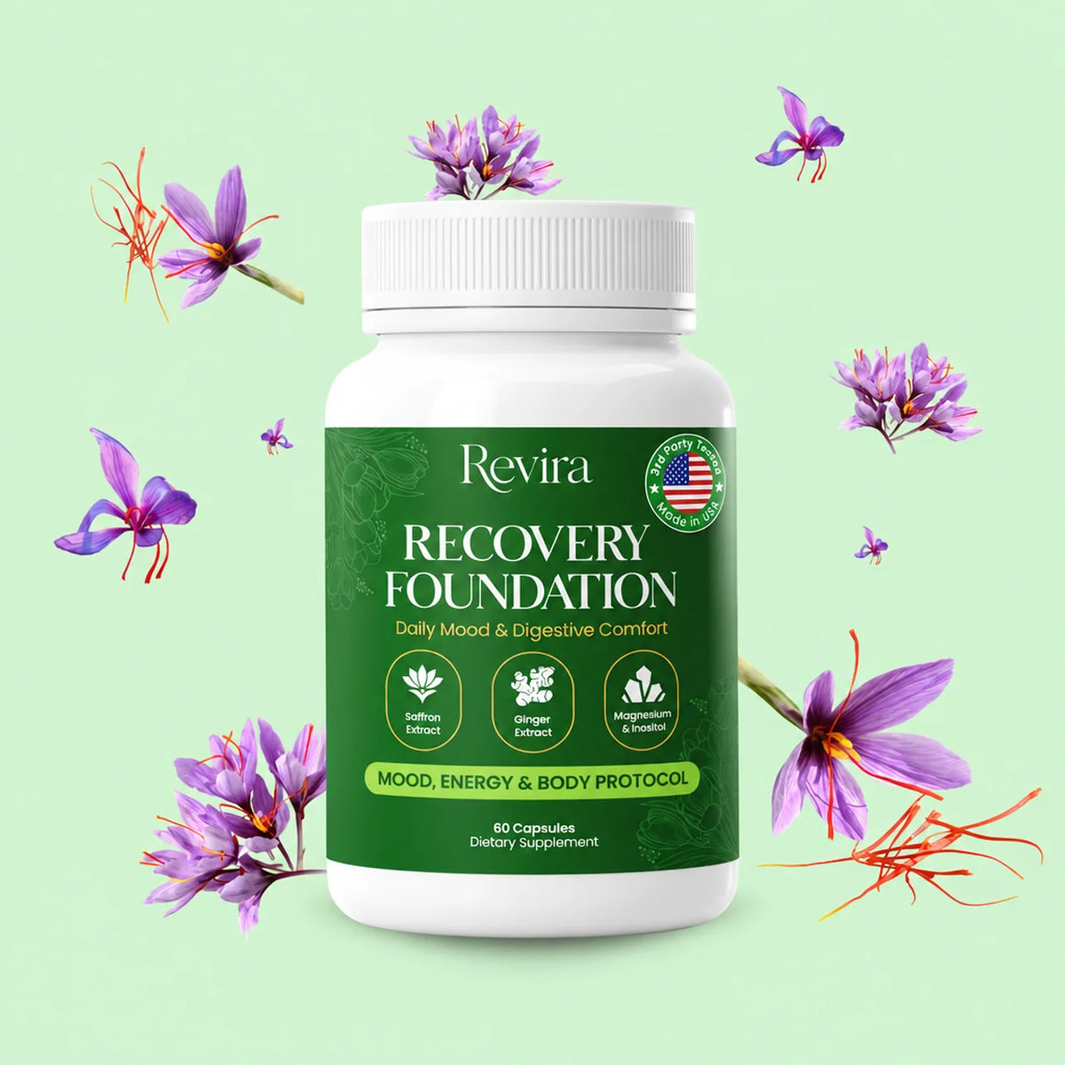 Product surrounded by saffron flowers